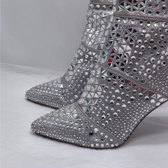 Steve Madden Crossing Silver Rhinestone Ankle Boots 10M Sparkle Stiletto Heels - Picture 5 of 12